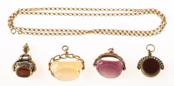 A group of four fobs and a 9ct gold belcher chain,