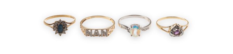 A group of eight 9ct gold gem and paste set dress rings of varied design, condition and sizes,