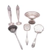 A small mixed lot of North-American silver & plate, a circular sugar bowl (loaded base),