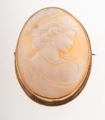 A 1970's 9ct gold cameo brooch, a carved cameo depicting a lady in a 9ct gold mount, metal pin,