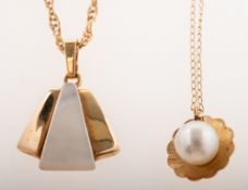 Two pendants of varied design with chains,