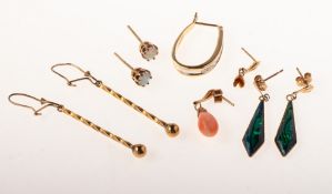 A small mixed collection of earrings, including a pair of 9ct gold stud earrings,