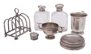 A mixed lot of various silver, to include two mounted clear-glass scent bottles, a christening cup,