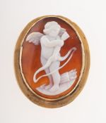 A cameo brooch, the carved cameo depicting Cupid with his bow and arrow, unmarked yellow metal,