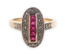 A 9ct gold ruby and diamond ring, of Art Deco style and oval form,