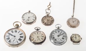 Six various pocket watches and one silver wristwatch to include A small open-faced silver pocket