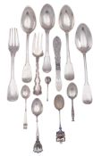 A small mixed lot of silver flatware, to include an 18th century French dessert spoon,