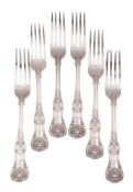 A Victorian set of six silver Queen's pattern silver table forks, Honeysuckle heel, crested,
