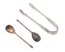 A pair of George IV silver sugar tongs, Fiddle, Thread & Shell pattern, initialled, by John Hawkins,