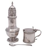 A George V silver mustard pot, drum-shaped,