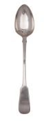 A Victorian silver basting/ serving spoon, Fiddle pattern, initialled,
