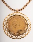 A full sovereign in pendant mount with chain,