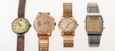 A gentleman's 18K gold chronograph wristwatch and three further watches the gilt dial having