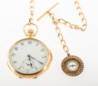 An 18K gold open-faced quarter-repeating pocket watch the round white enamel dial having black