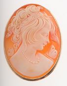A cameo brooch pendant, the carved cameo depicting a lady, foldable pendant loop,