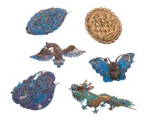 Six late 19th/ early 20th century Chinese silver & enamel brooches, four with the makers mark 