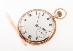 An 9K gold full hunter pocket watch the white enamel dial having black Roman numerals,