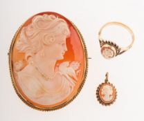 A small collection of cameo set jewellery, including a large cameo brooch, the carving of a lady,