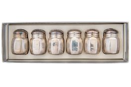 A cased set of six silver salt & pepper casters, with hexagonal bodies,