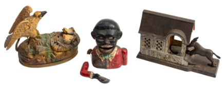 A late 19th century 'Mule Entering Barn' mechanical cast iron money box,