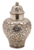 An Edwardian silver lidded urn, inverted baluster form,