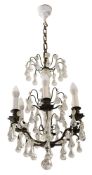 A metal and glass hung six light chandelier in Louis XV taste,