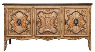 An Italian, probably Neapolitan cream and polychrome painted side cabinet, in 18th century style,