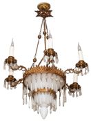A milk glass and gilt metal six light chandelier,
