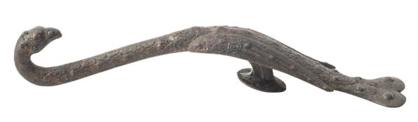 A CHINESE BRONZE BELT HOOK WITH HEAD OF GRIFFIN AND BODY OF PEACOCK, HAN DYNASTY (202 B.C.-220 A.D.