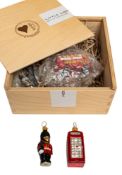 Five handmade Bombki glass Christmas decorations, comprising Big Ben, guardsmen, a telephone box,
