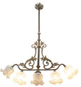 A late Victorian or Edwardian gilt brass and glass five light electrolier,
