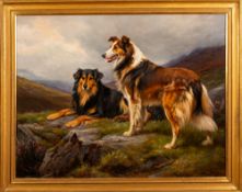 John Wright Barker (British, 1864-1941) - Two collies in a highland landscape