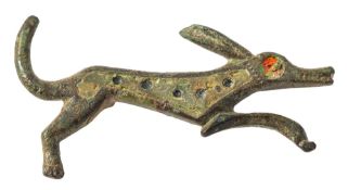 A ROMANO-BRITISH ENAMELLED BRONZE HARE FIBULA, CIRCA 2ND CENTURY A.D.,
