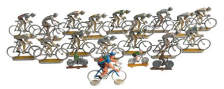 A group of sixteen early 20th century cast aluminium cyclists, unsigned,