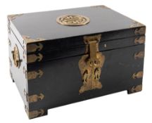 A Chinese black japanned and brass mounted jewellery casket,