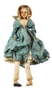 A 19th century wax head doll, white wig,