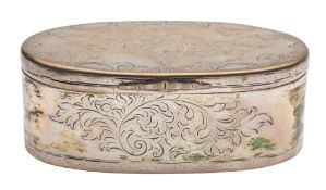 An 18th century silver snuff box, oval form, with engraved decoration and a scroll thumbpiece,