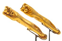 A PAIR OF ORDOS YELLOW METAL PANTHER FINIALS, CIRCA 5TH-4TH CENTURY B.C., 5.1cm.