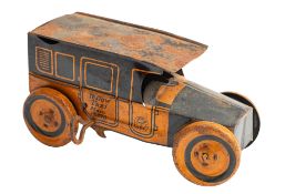 An early 20th century clockwork tin plate yellow taxi, maker J. Chein & Co.