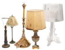 A group of five various table lamps; including a 'Bourgie' clear polycarbonate example,