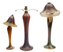 Joseph Clearman, three 'Pulled Feather' art glass table lamps; one example with conical shade,