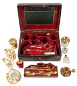 A French mahogany cased travelling or campaign gentleman's dressing and breakfast set,