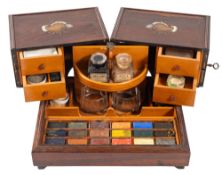 A fine Victorian rosewood and brass inlaid artist's paintbox,