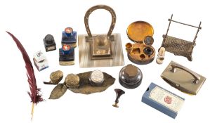 A collection of desk stands, ink stands and desktop accoutrements,