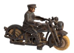 A cast iron Hubley or similar police Harley Davidson, with aperture for headlight and battery,