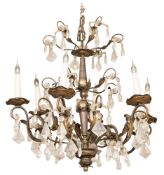 A gilt metal and glass hung six light chandelier, in Louis XV style,