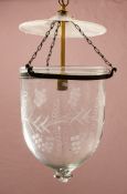 Two very similar etched glass 'hundi' ceiling lanterns,