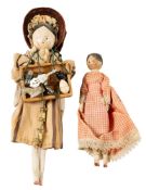 A late Victorian peddler peg doll with painted face wearing a felt bonnet and cotton dress