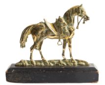A brass door porter cast as a fully caparisoned horse, early 20th century; with ebonised beech base,