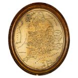 A George III oval embroidered silk map of England and Wales, early 19th century;